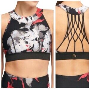 NEW Donna Karan Active Floral Sports Bra XL Black Blue High Neck Lattice Strappy
